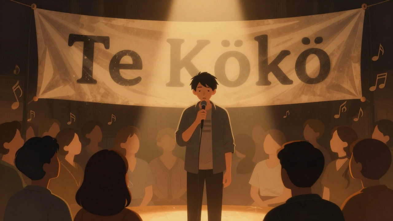 Host speaks warmly under spotlight, audience faces glowing with emotion during concert closing.