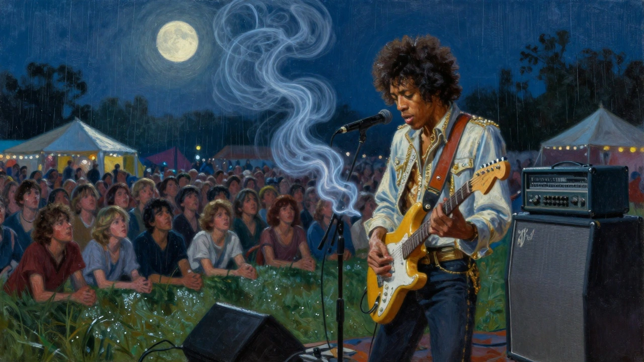 Jimi Hendrix playing guitar under moonlight at Woodstock, audience captivated in quiet awe.