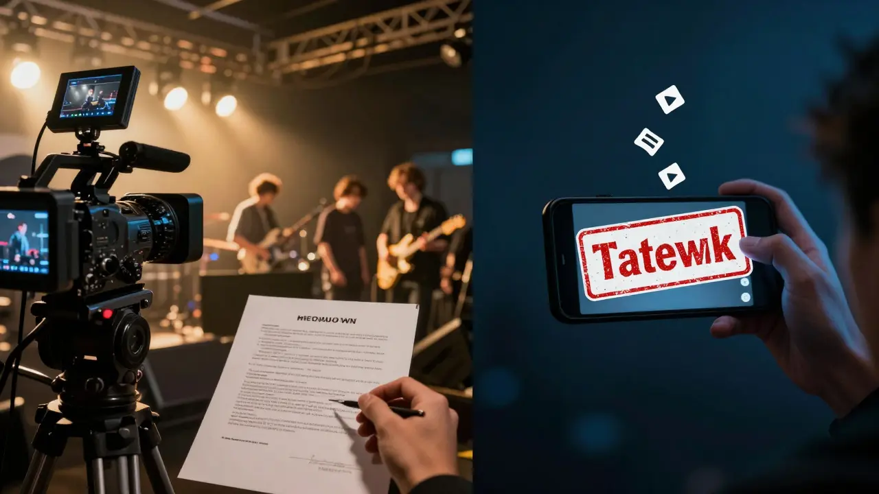 Professional live stream versus fan footage being removed, symbolizing legal differences.