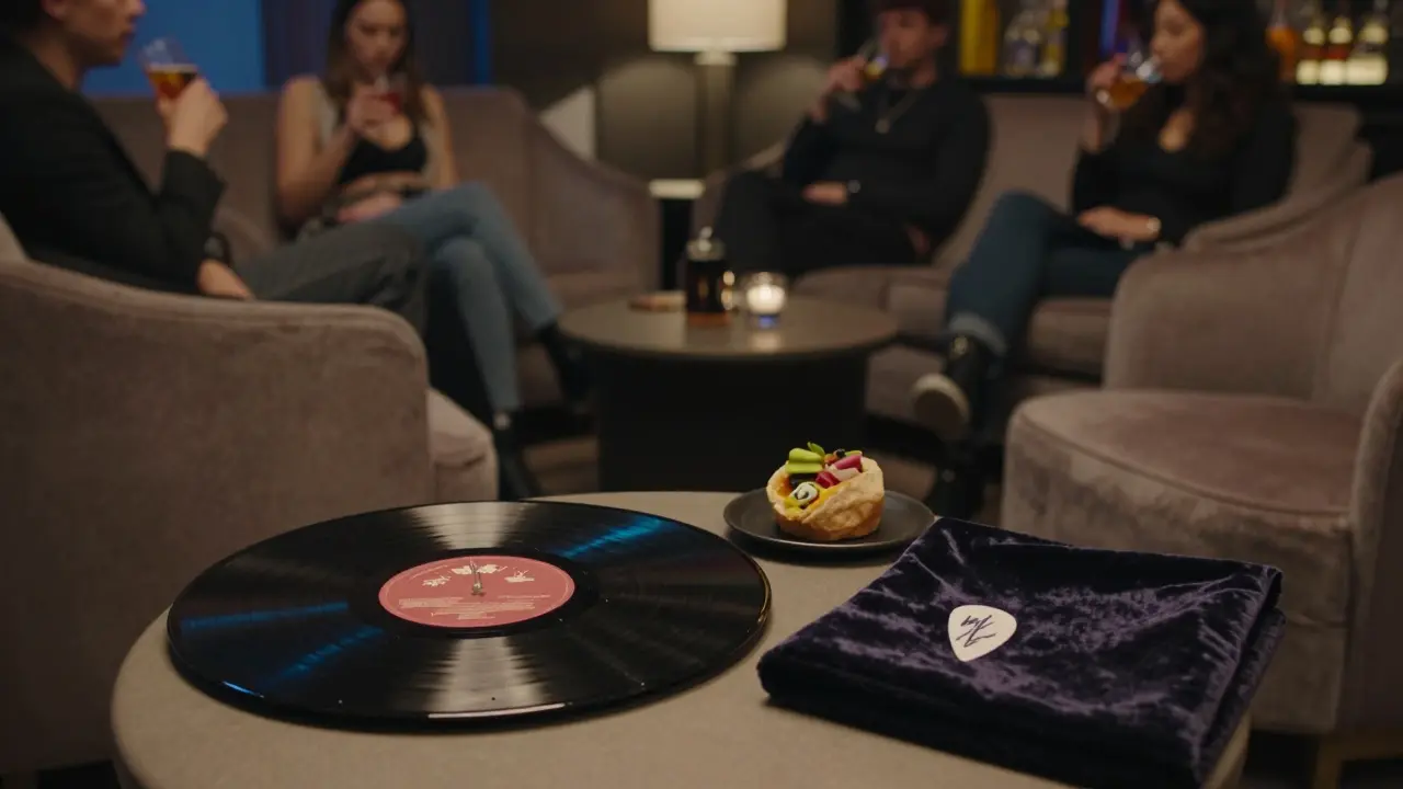 Quiet VIP lounge with exclusive merch and drinks, dim lighting, empty chairs awaiting the show.