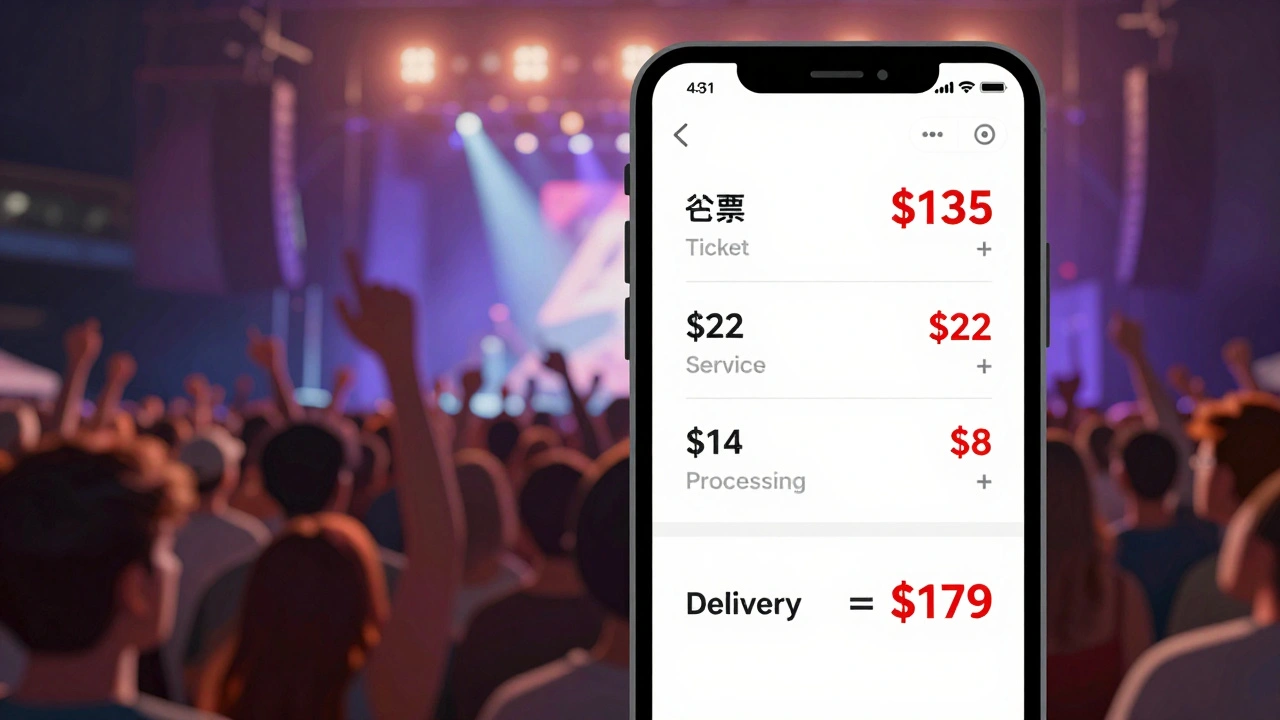 Smartphone screen showing concert ticket price with visible service fees adding up to over 0.