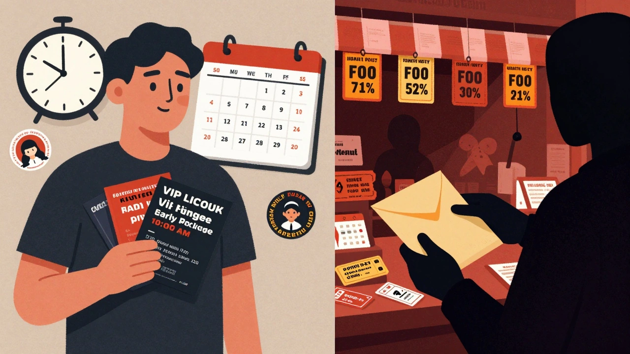 Split illustration: person buying VIP tickets early vs. chaotic resale market with inflated prices and fake ticket warnings.