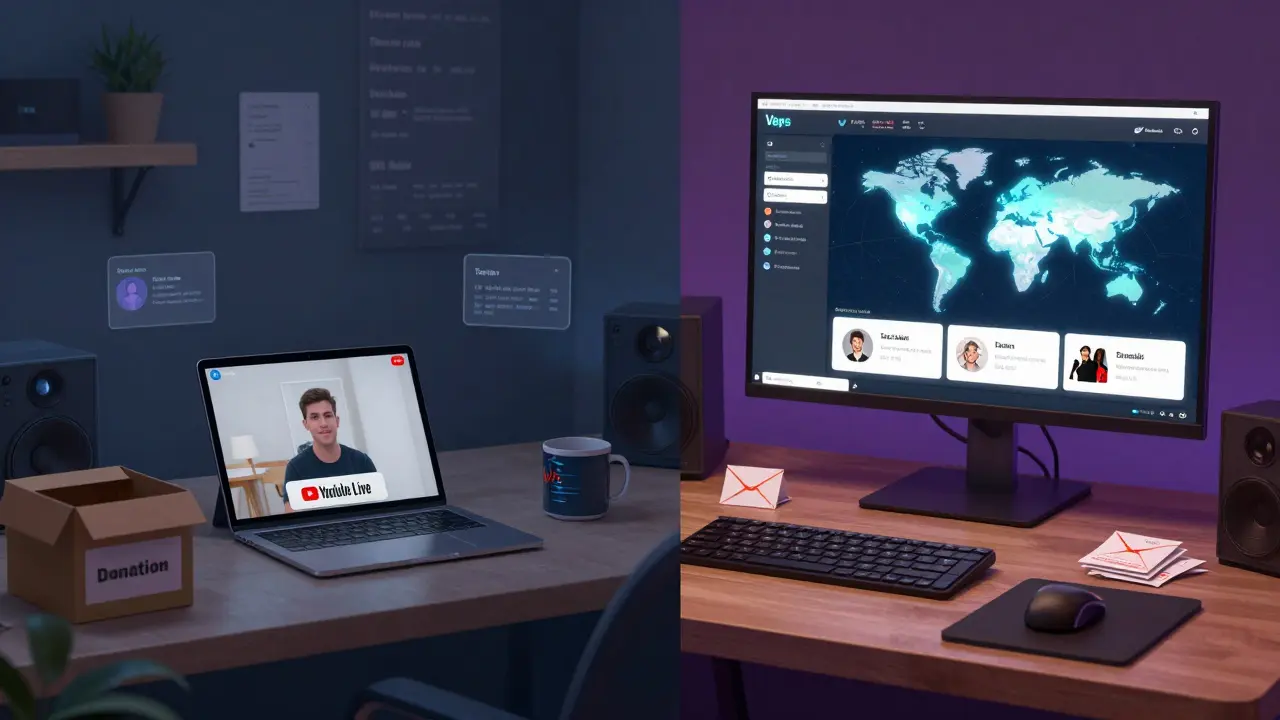 Split-screen comparison of free vs paid live streaming setups for musicians.
