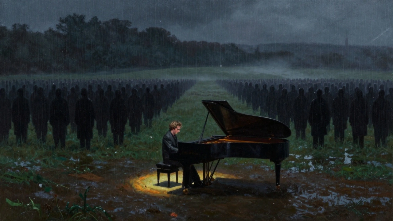 Thom Yorke playing piano alone at Glastonbury, silent crowd in the rain.