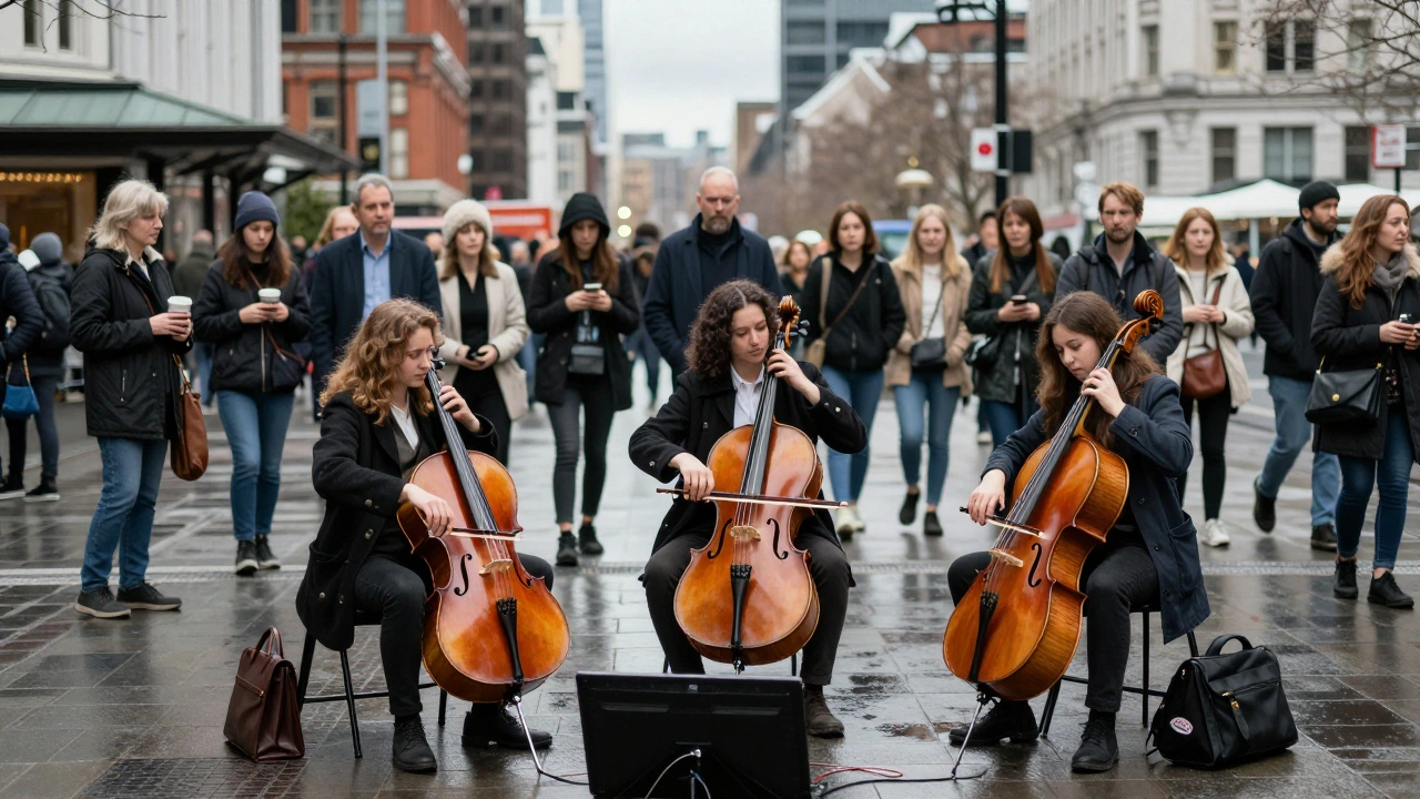 Three cellists playing classical music in a city street, surrounded by surprised passersby who have stopped to listen.