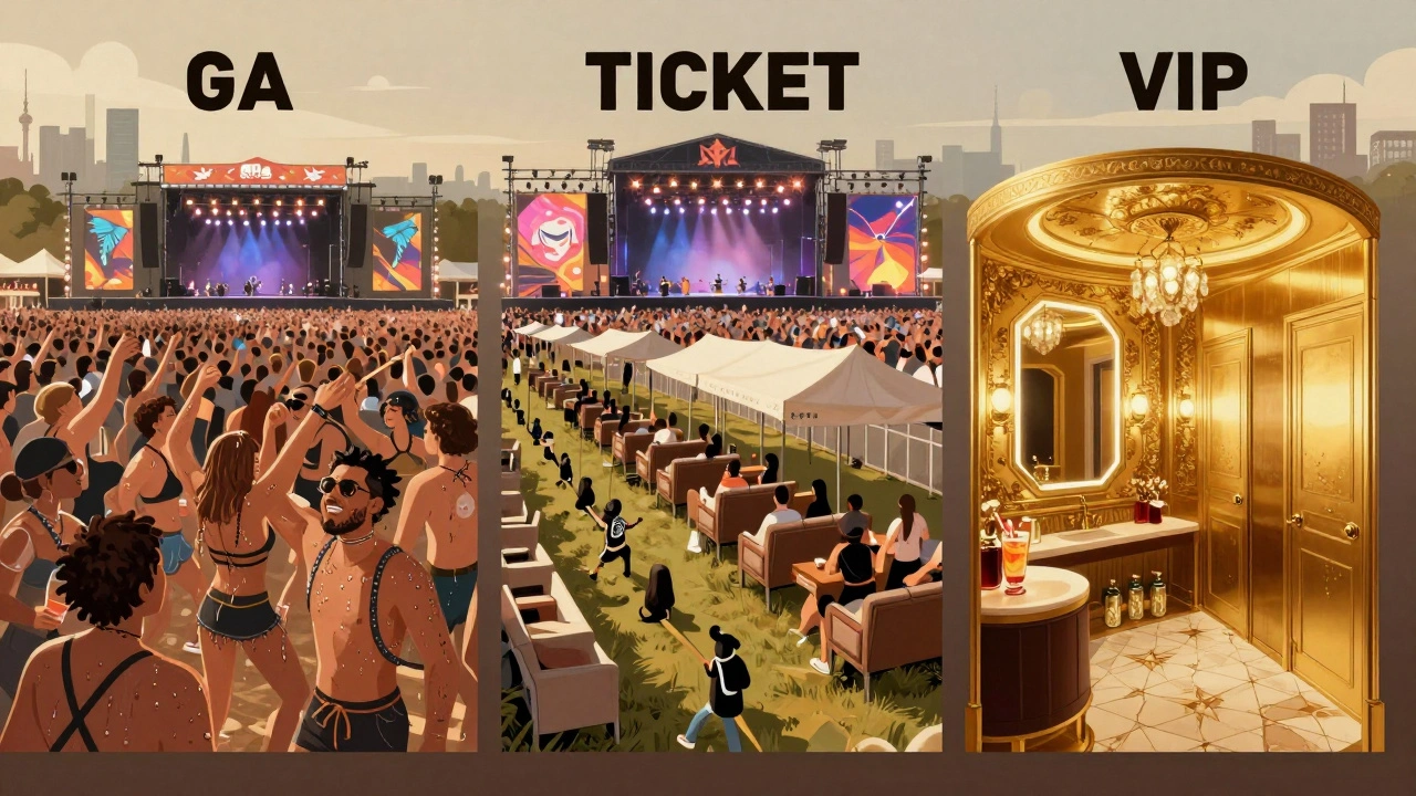 Three festival ticket zones: crowded GA area, premium seating, and VIP lounge with contrasting lighting.