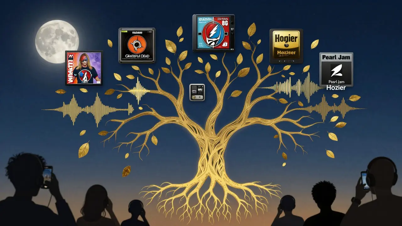 Tree with audio waveforms as roots and live concert recordings as falling leaves.