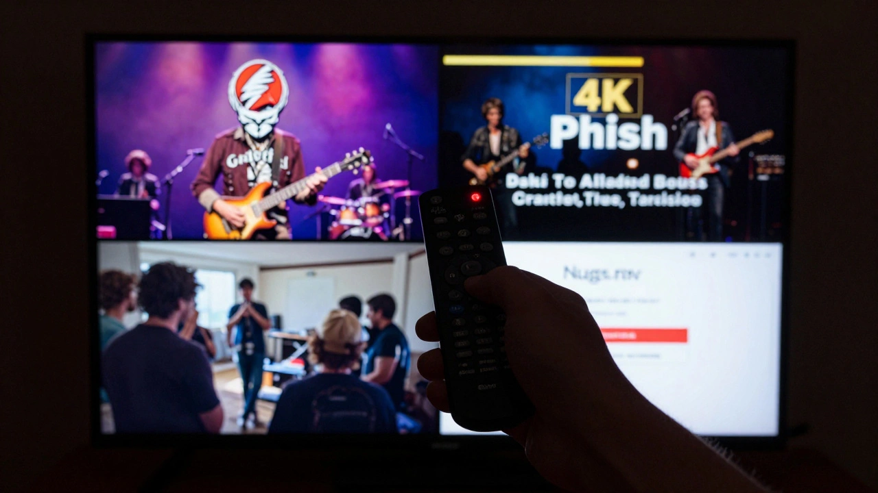 TV screen split showing four legendary live concerts, Nugs.net login visible, hand holding Firestick remote.