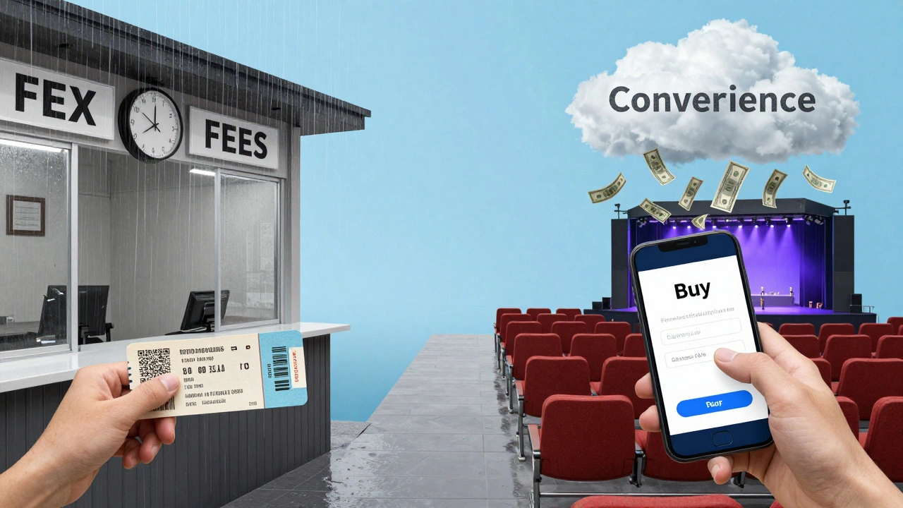 Two paths: one for box office tickets with weather and time costs, one for online with convenience and seat choice.