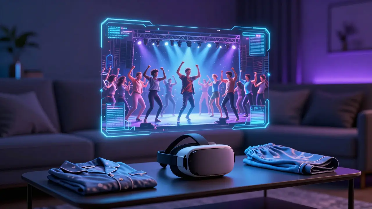 Virtual reality headset with a holographic concert stage floating above it.