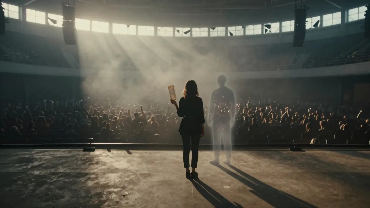 Woman alone in empty concert hall at dawn, shadow of a loved one beside her, echoes of past crowd.