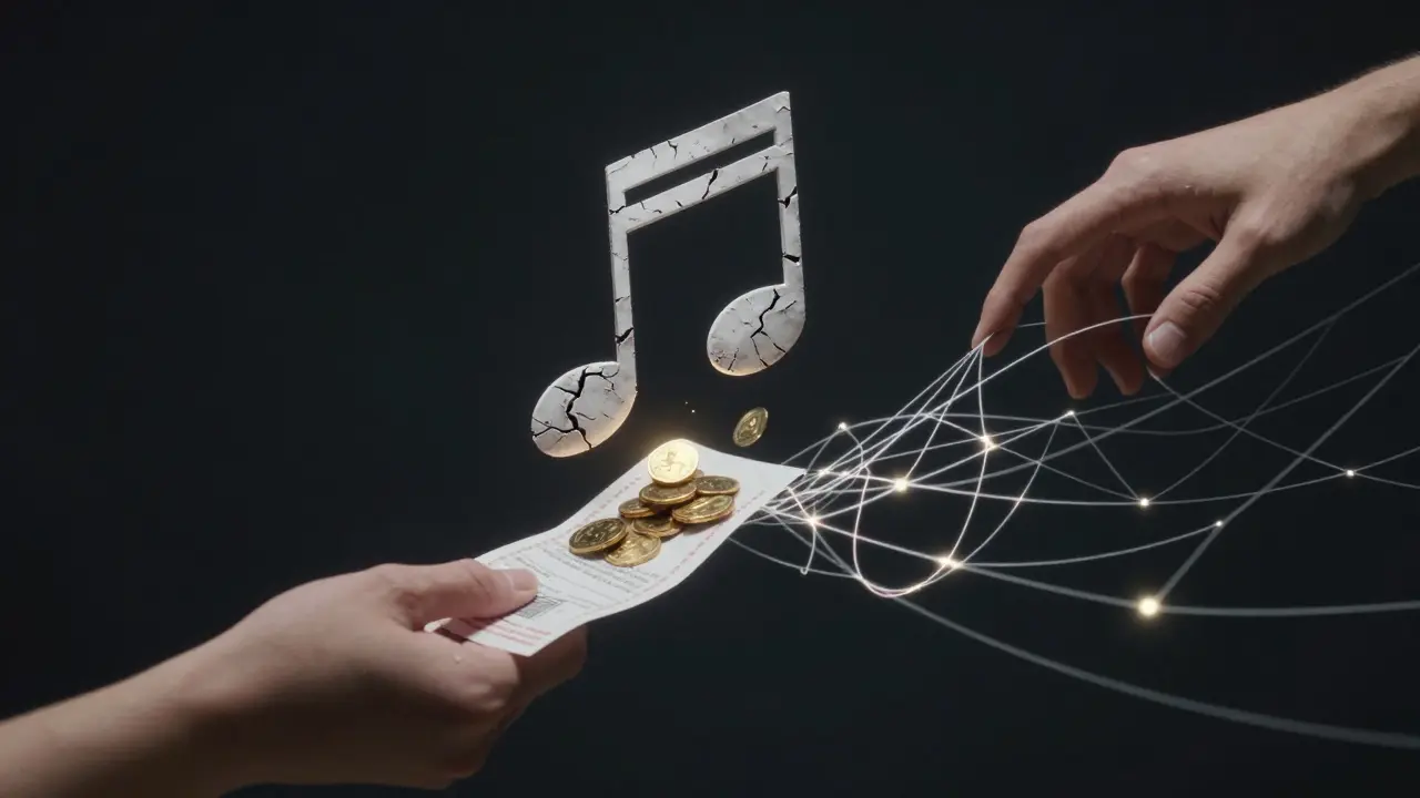 A cracked musical note leaking money, with one hand holding a digital ticket and another pulling away pirate stream links.