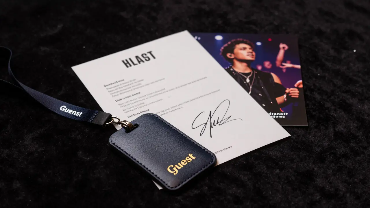 A custom VIP lanyard and signed setlist lie on velvet, symbols of an exclusive concert experience.
