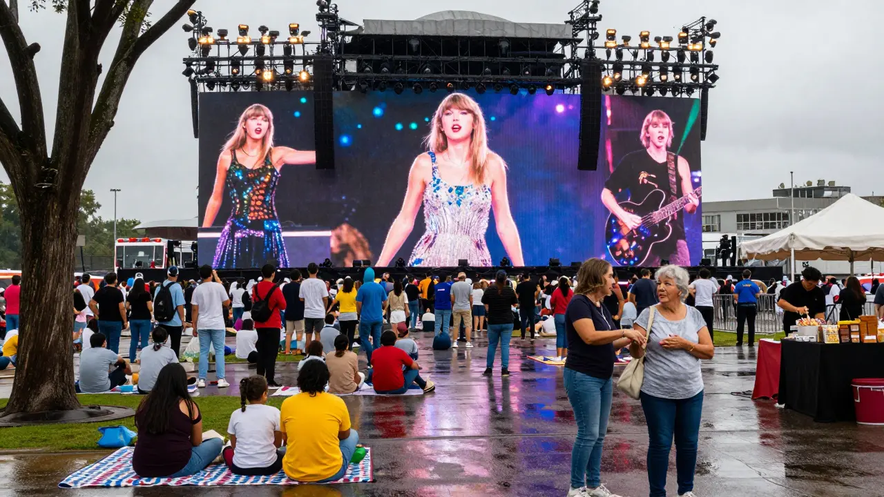 A diverse crowd sings along to Taylor Swift's live performance on massive outdoor screens, with rain glistening on the streets and people of all ages celebrating together.