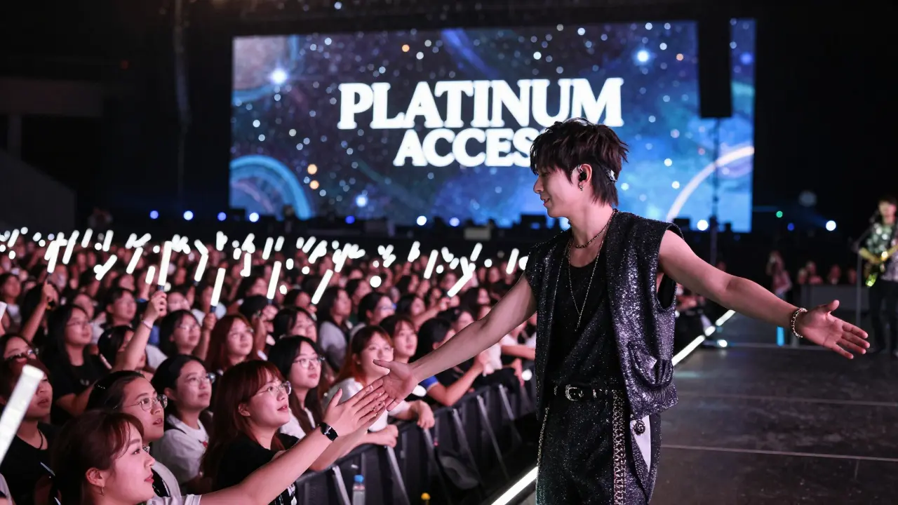 A fan meeting their favorite artist on stage, arms outstretched, surrounded by glowing crowd and stage lights.