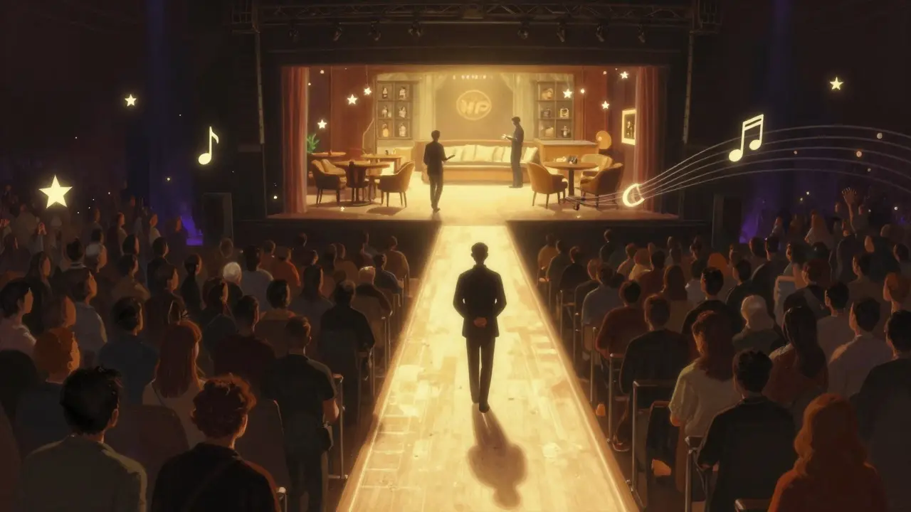 A glowing path leads from a crowded venue to a serene VIP lounge above the chaos.