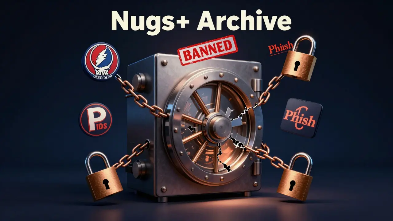 A locked digital vault with concert band logos and a 'BANNED' stamp over it.