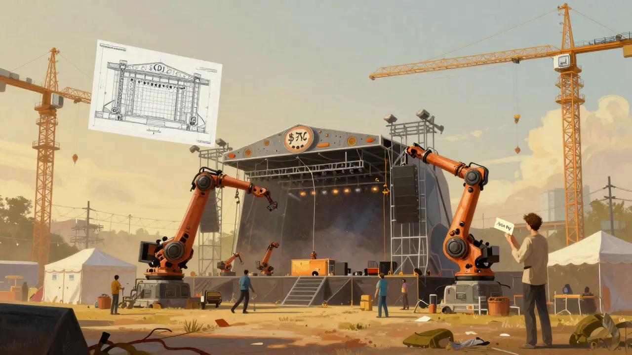 A massive festival stage is being built by robots and workers, with a tiny artist paycheck floating nearby.