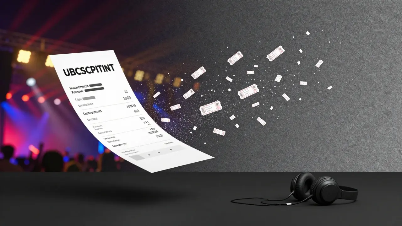 A subscription receipt dissolving into digital dust with abandoned headphones.