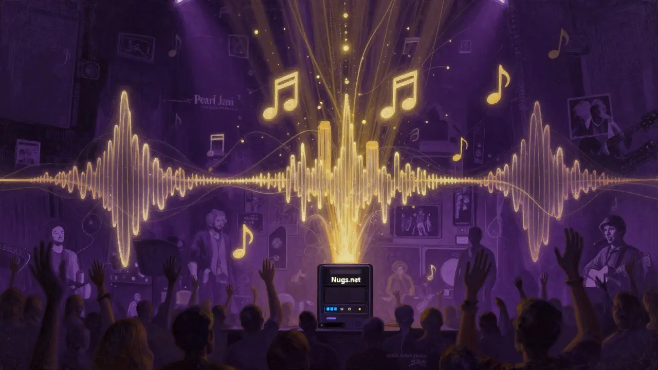 Abstract glowing audio waves forming concert silhouettes around a Nugs.net server core.