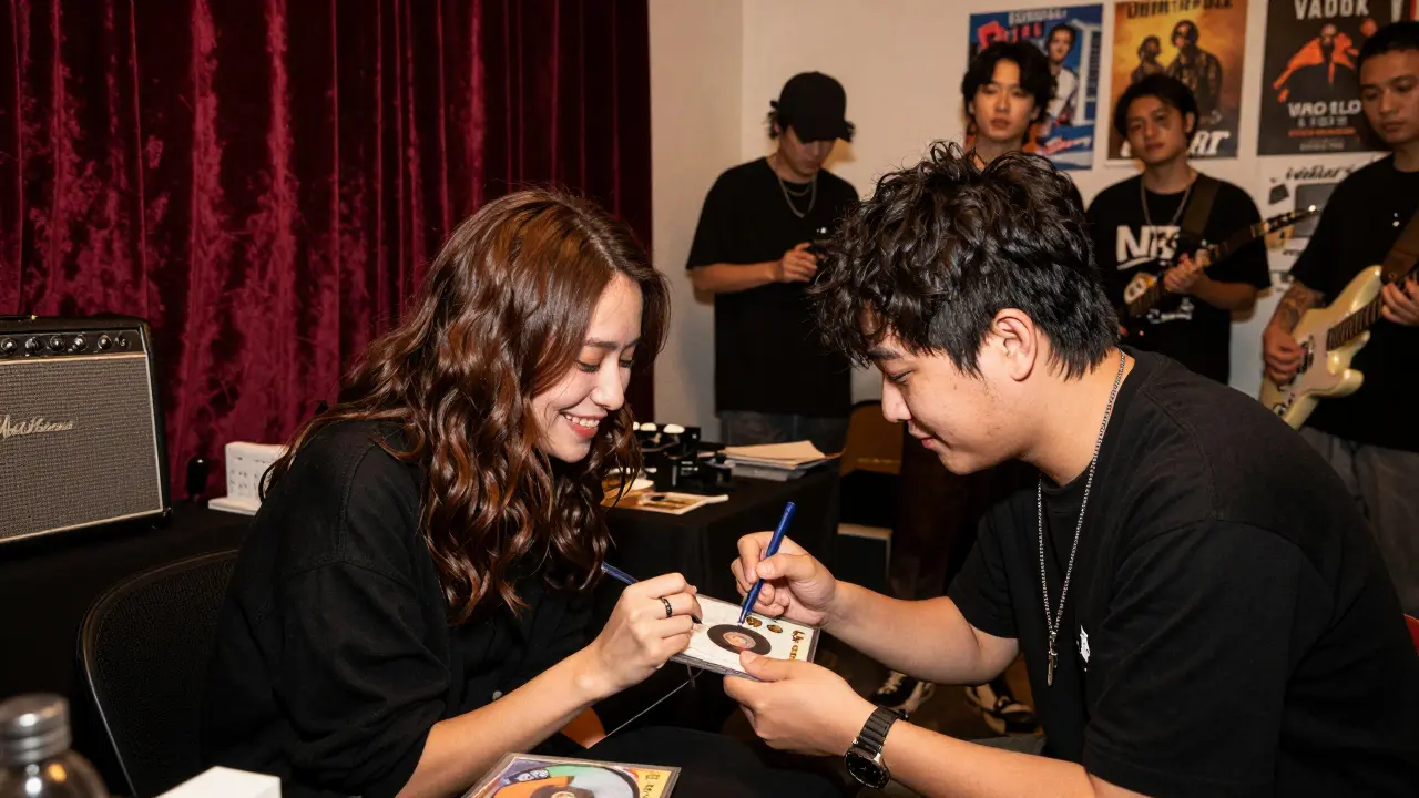 An artist signs a personal item for a fan in a cozy backstage dressing room, surrounded by tour memorabilia.