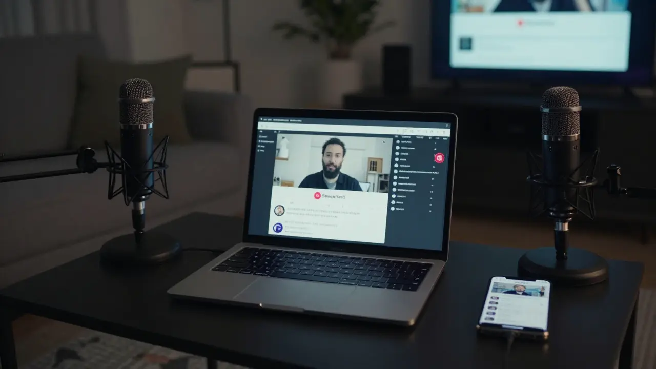 Audio equipment and laptop set up for a private live stream in a dimly lit room.