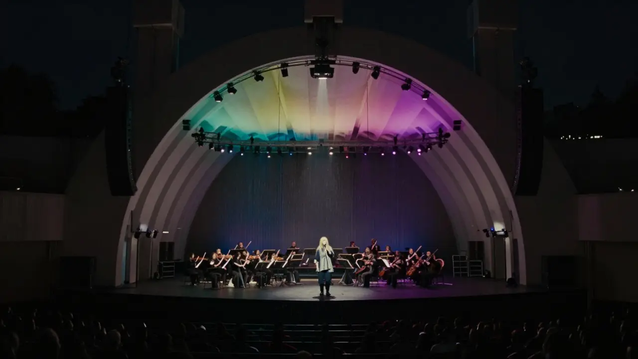 Billie Eilish singing alone in the empty Hollywood Bowl with colorful lighting.