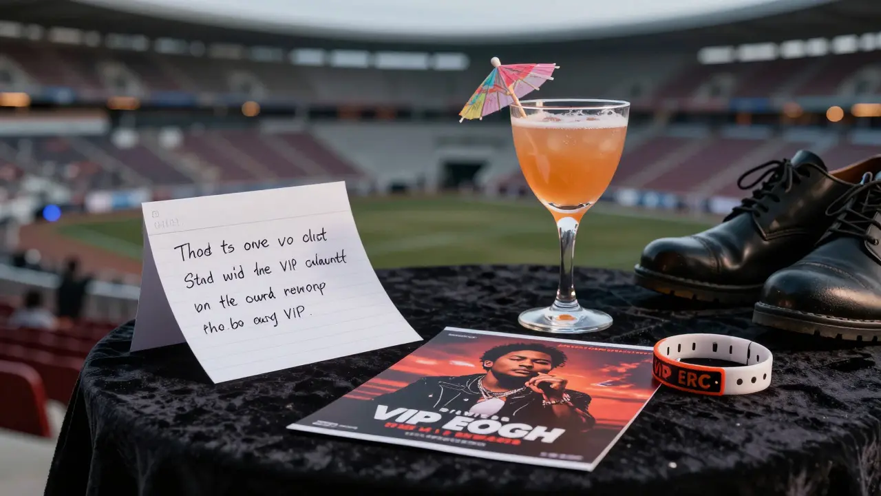 Collage of VIP concert memorabilia: handwritten note, cocktail glass, poster, and wristband.