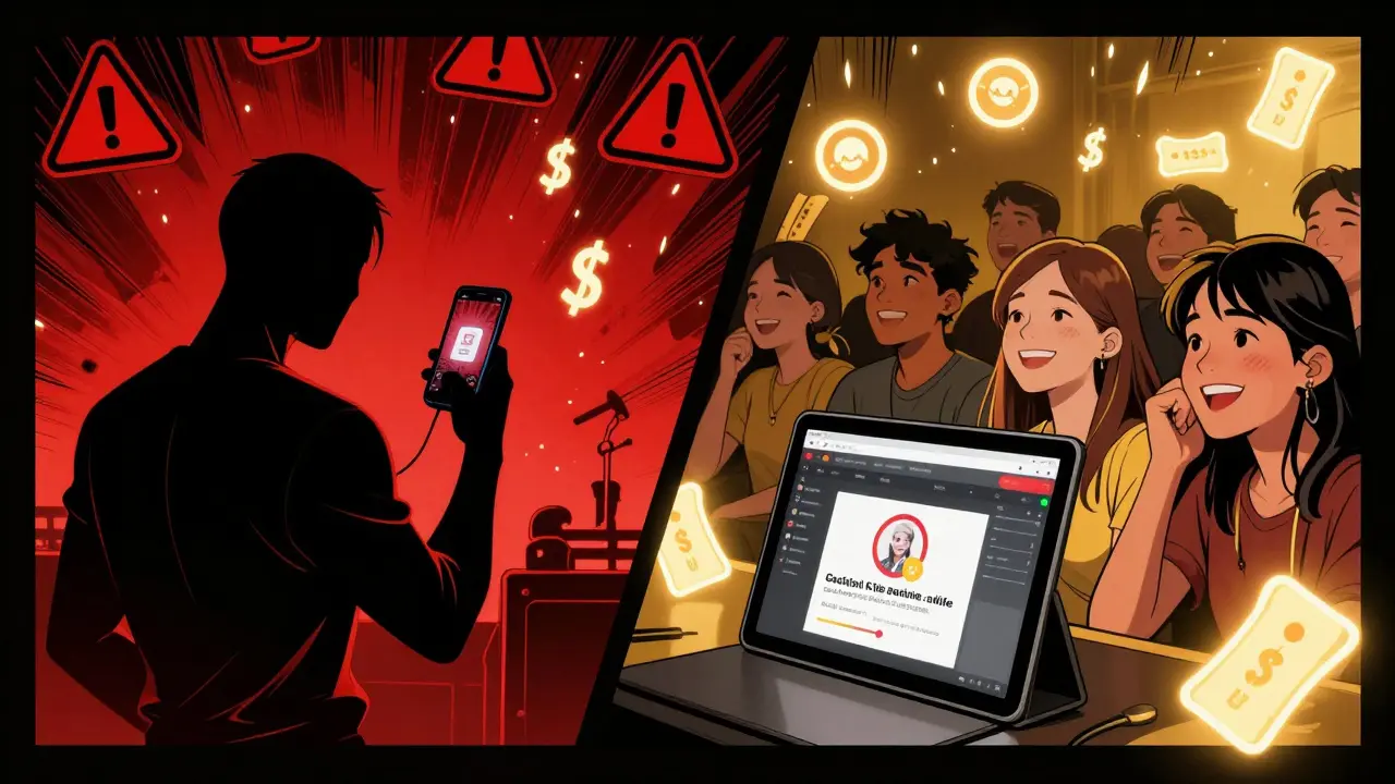 Comic-style split scene showing illegal concert recording versus legal streaming, with warning symbols and artist branding.