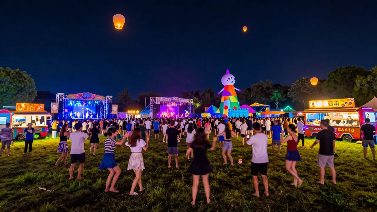 Crowd dancing at a music festival under colorful lights and night sky.