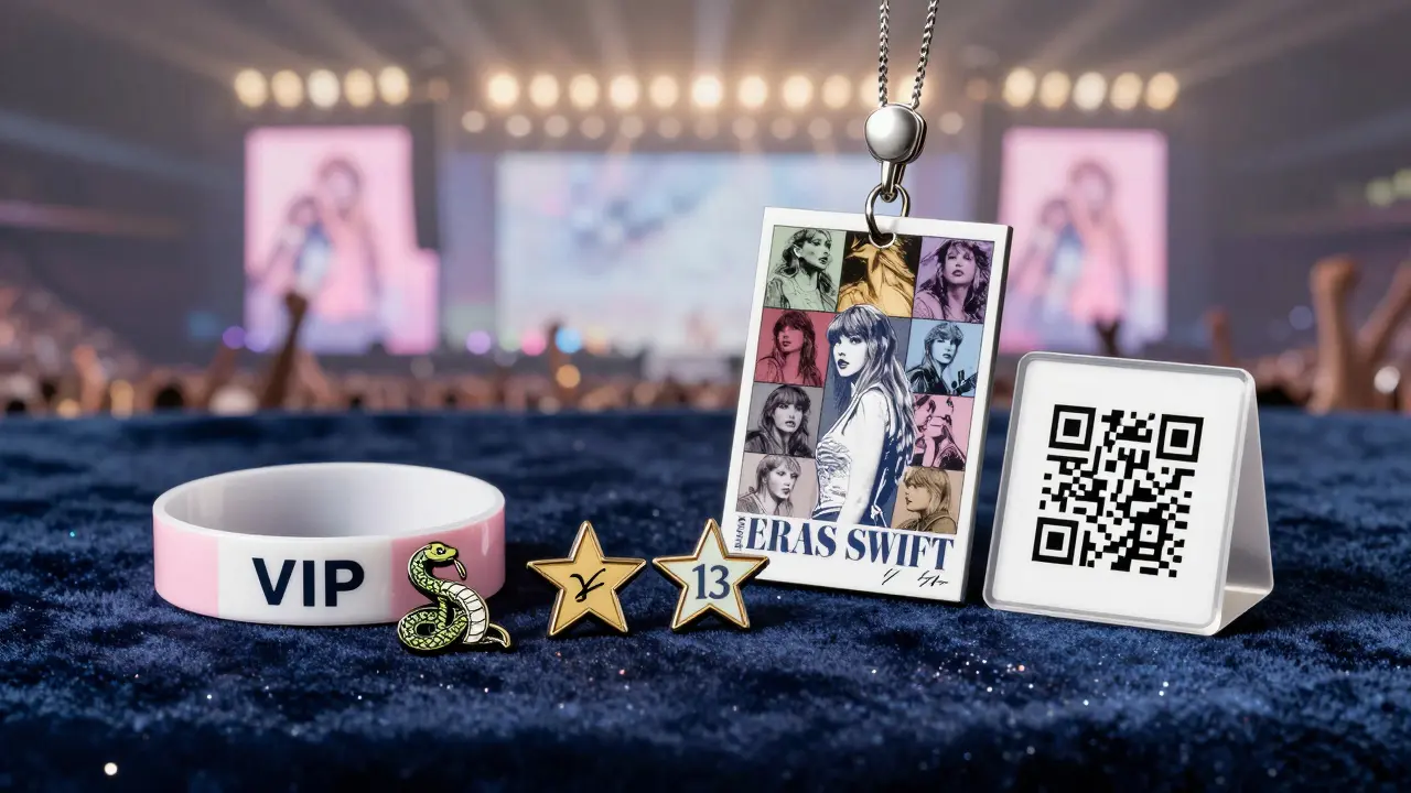 Exclusive Eras Tour merchandise arranged on velvet with enamel pins and QR code.