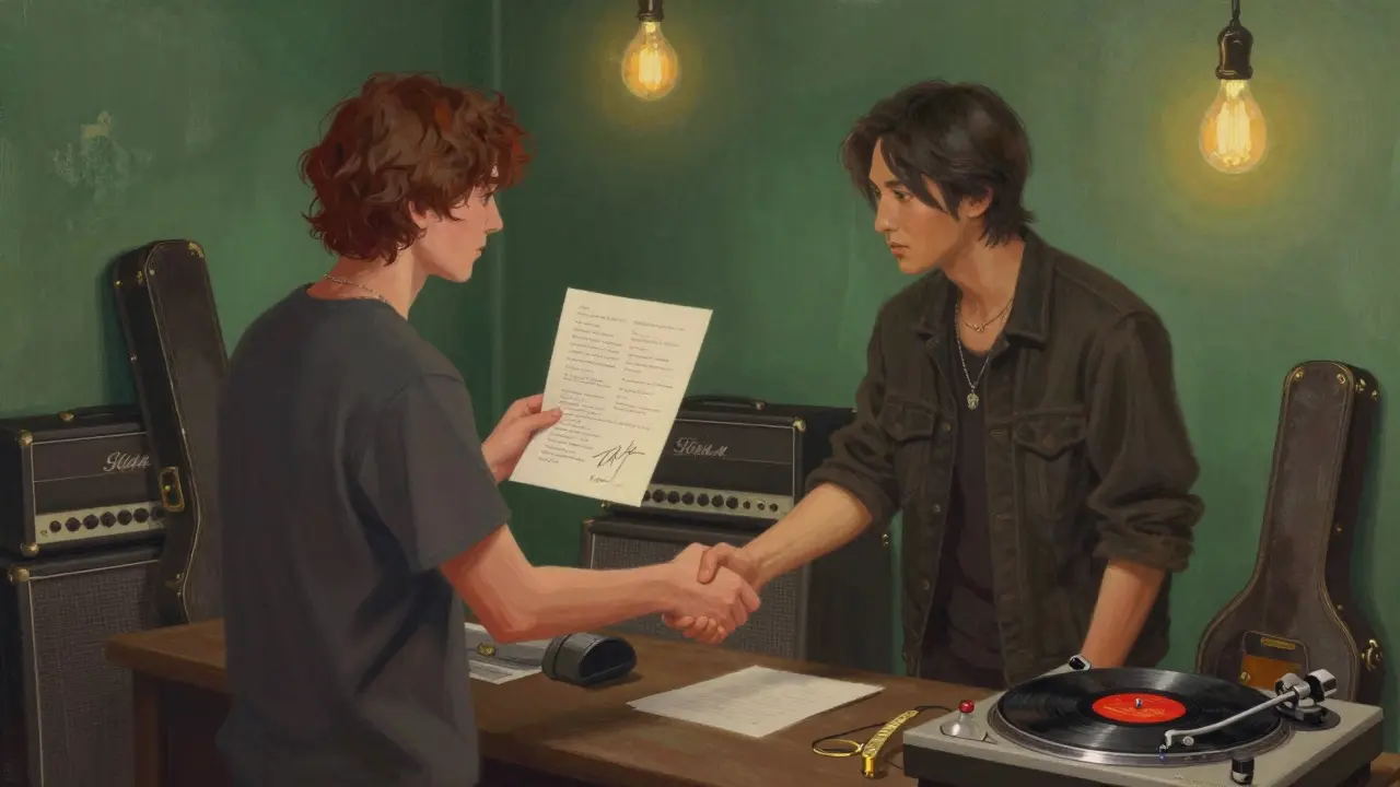 Fan meeting a musician backstage, holding a signed lyric sheet and custom vinyl record.