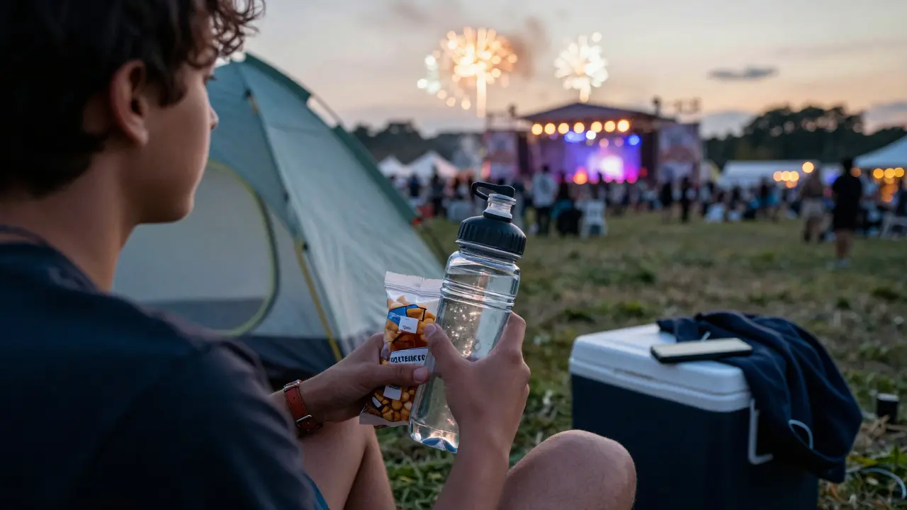 Festivalgoer with reusable water bottle and snacks beside a tent at dusk.