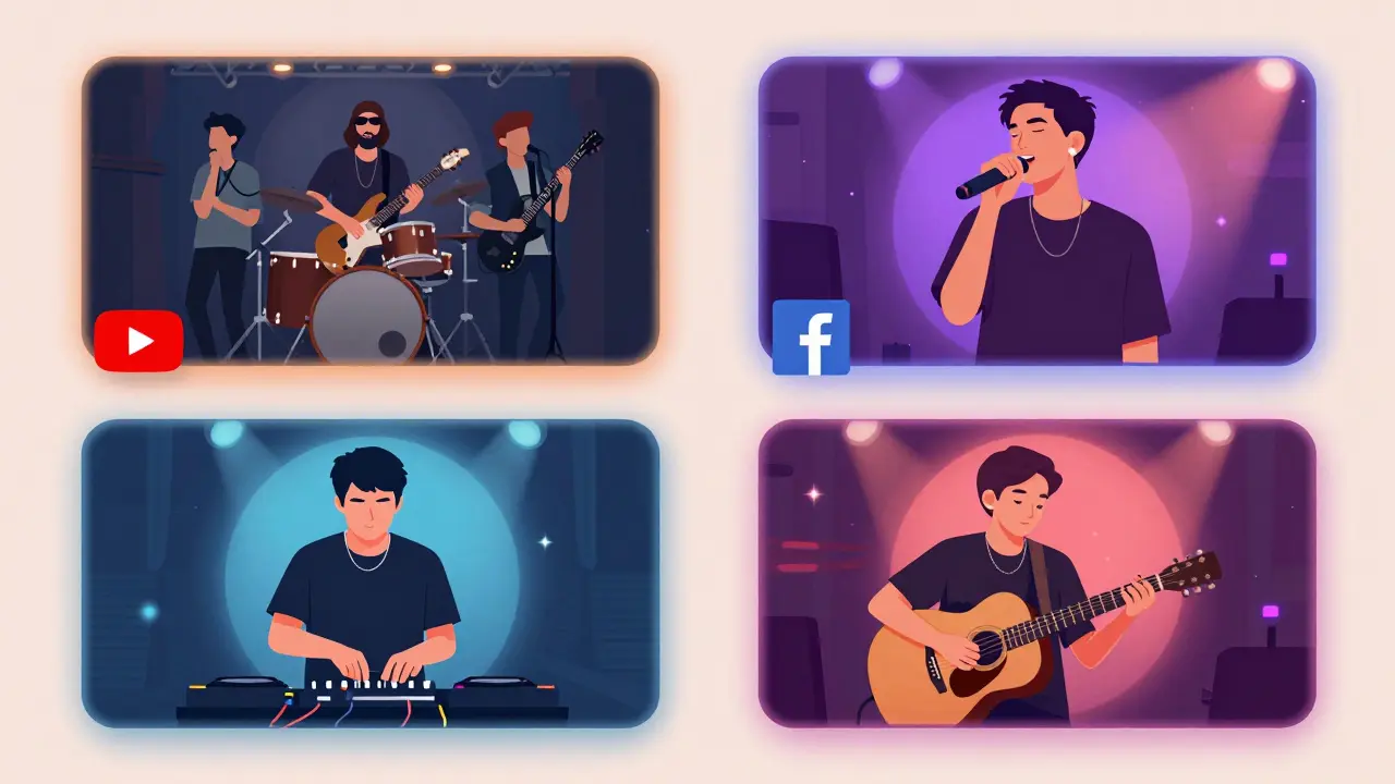 Four official streaming platforms displaying different live music performances side by side.