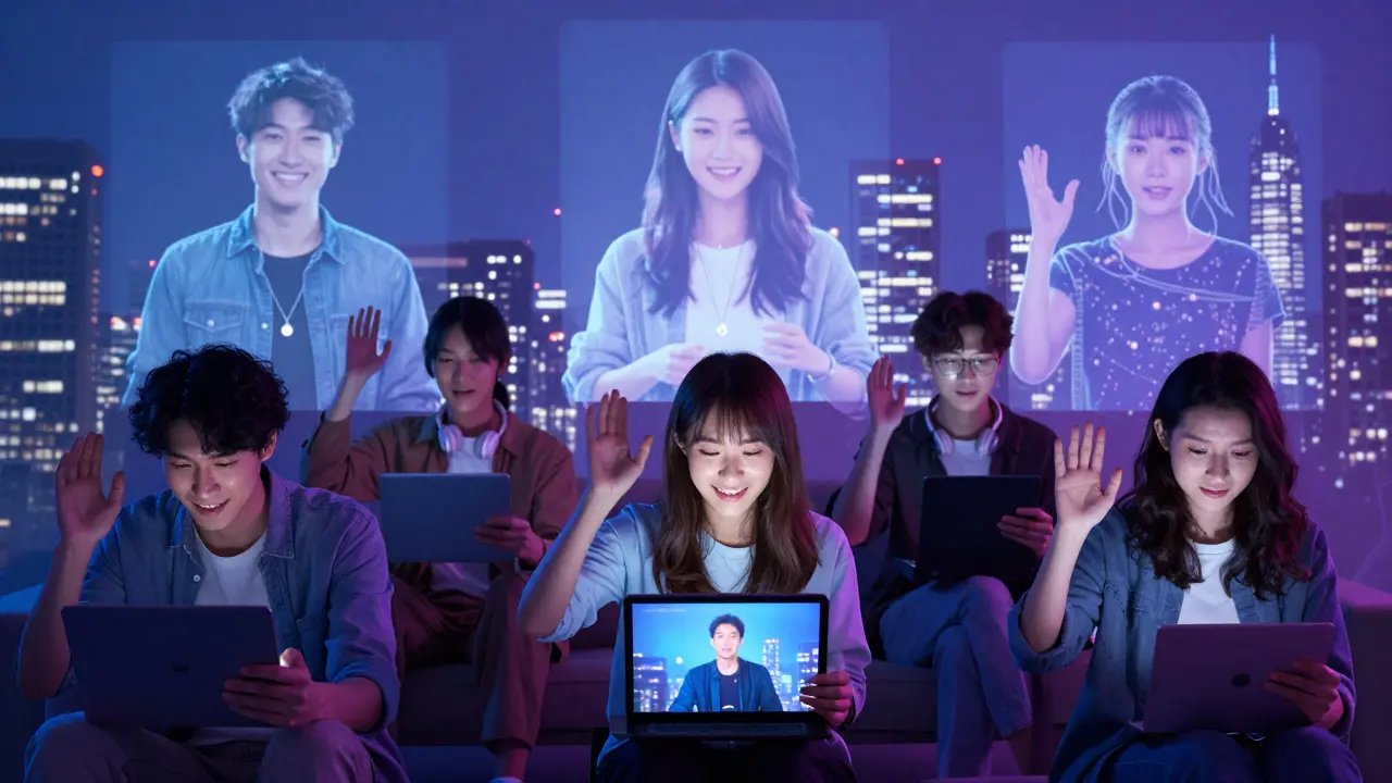 Friends in different countries watching a live show together through a synchronized virtual watch party.