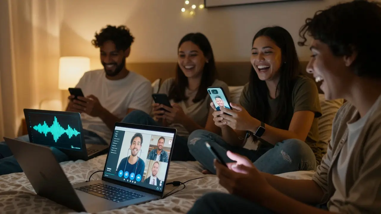 Friends watching a live concert together on their devices with a microphone for shared viewing.