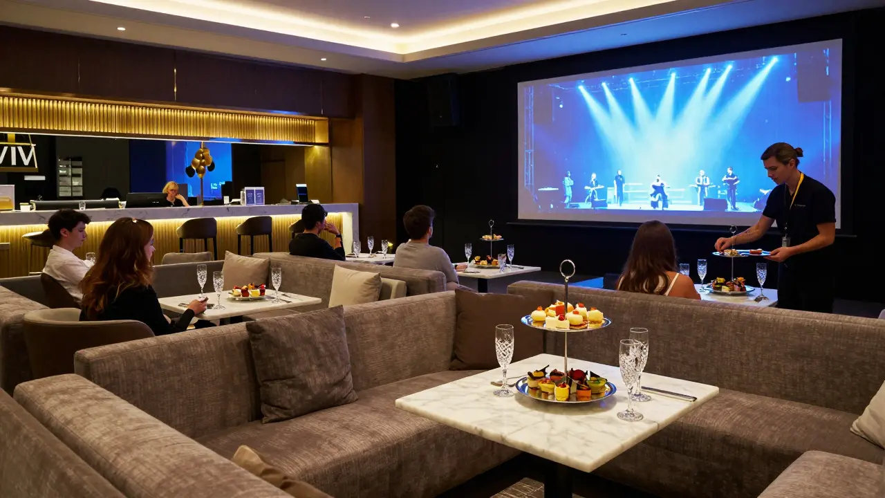 Guests relax in a luxurious VIP lounge with champagne and gourmet snacks during a concert.