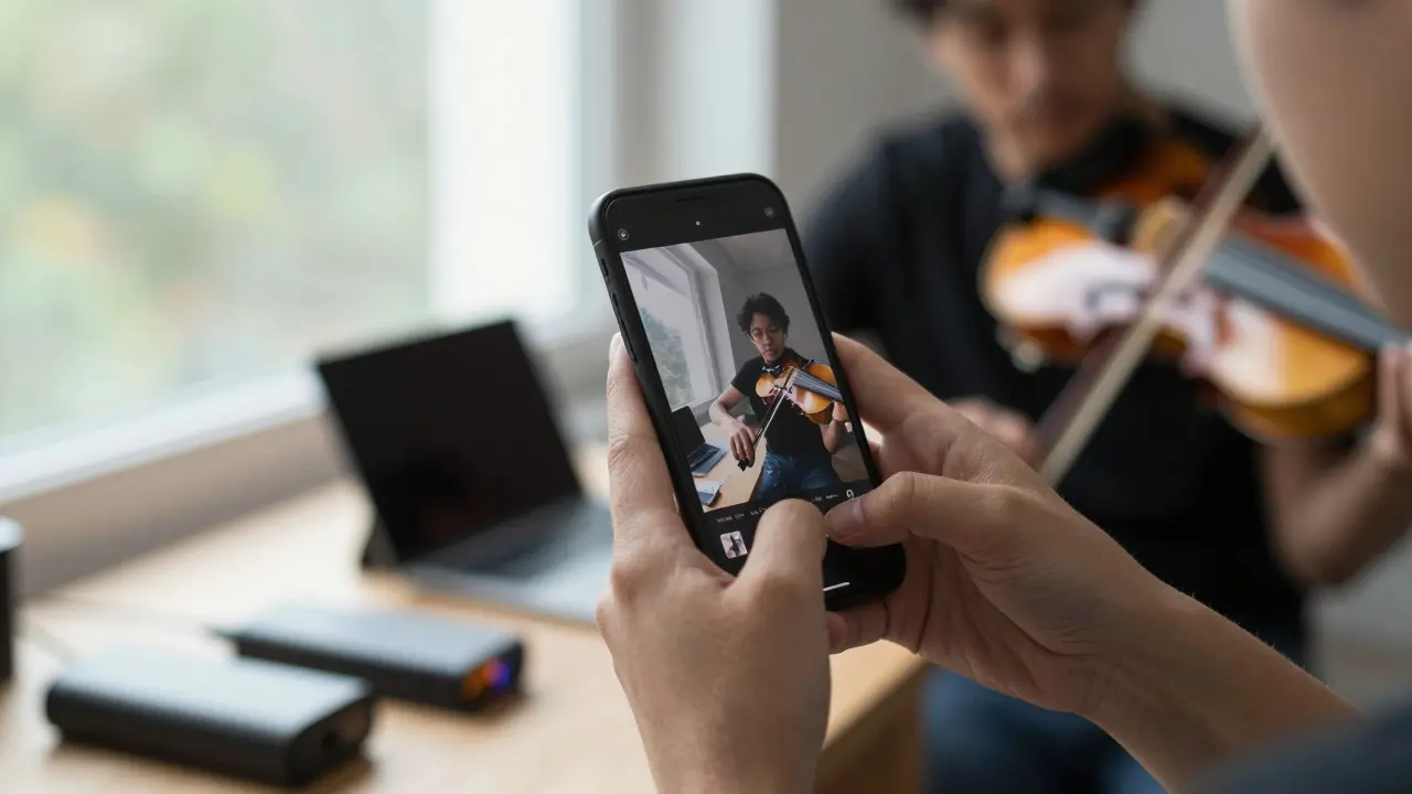 Hand holding phone recording a violinist near a window with subtle privacy watermark.