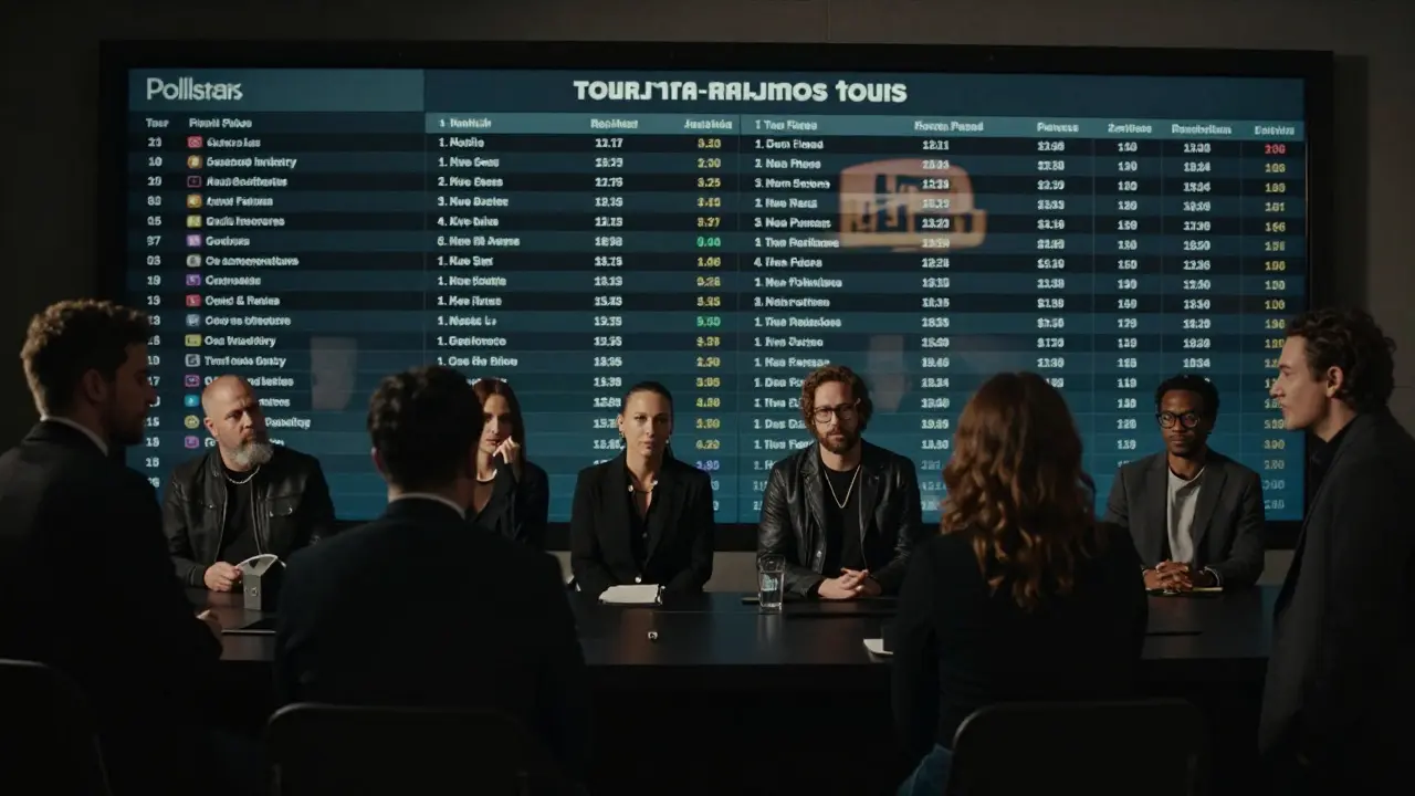 Industry professionals analyzing Pollstar's digital dashboard with Live Nation's reflection.