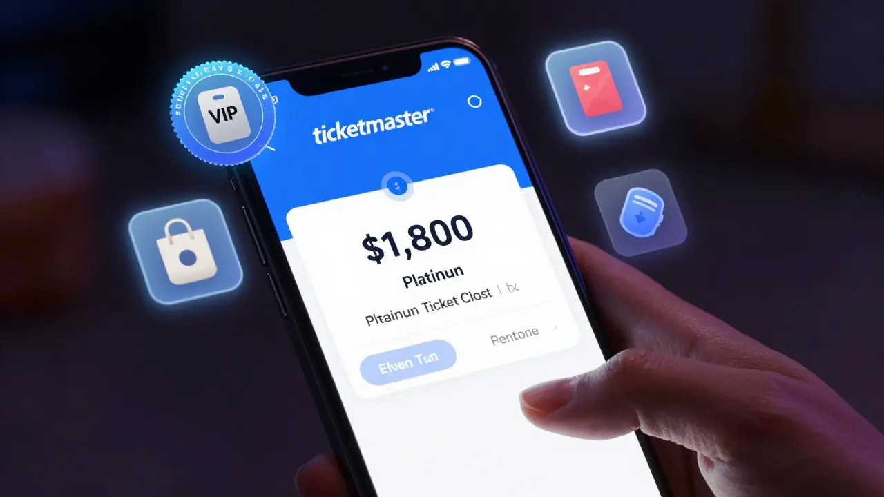 Mobile screen displaying a ,800 platinum ticket with exclusive perks like VIP pass and merch icons floating around.