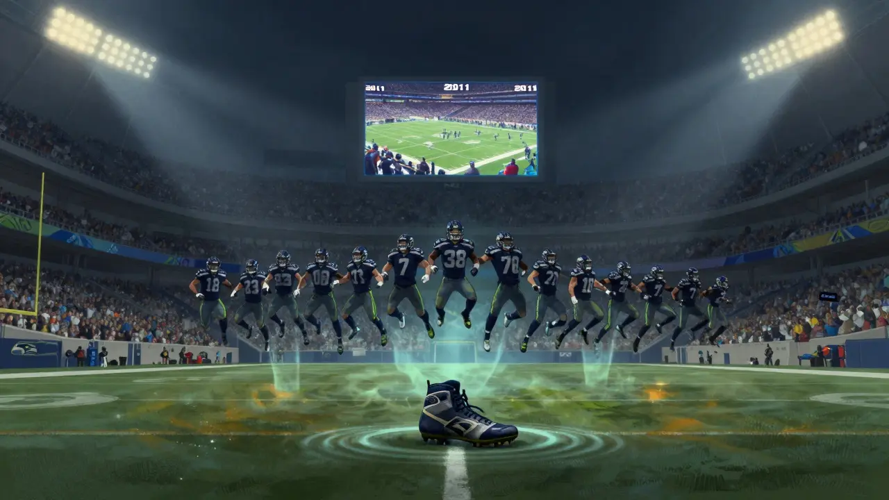 Modern crowd mid-stomp during a ritual replay of Beast Quake, ghostly afterimages and glowing tremors beneath the stands.
