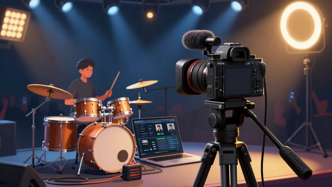 Professional live streaming setup with cameras, microphones, and OBS interface on laptop