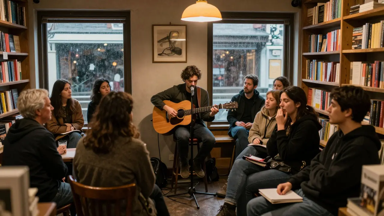 Singer performing an acoustic set in a quiet bookstore with attentive listeners.