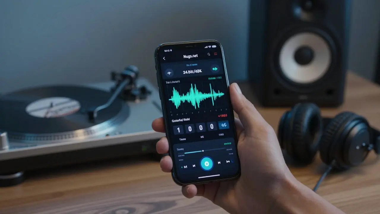 Smartphone showing Nugs.net's high-res audio interface with studio audio gear nearby.