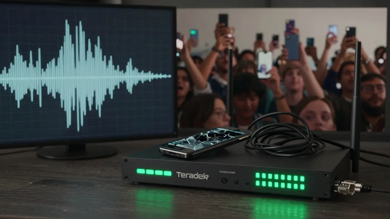 Split image: clear audio waveform vs blurred video, with backup gear glowing beside discarded tech.