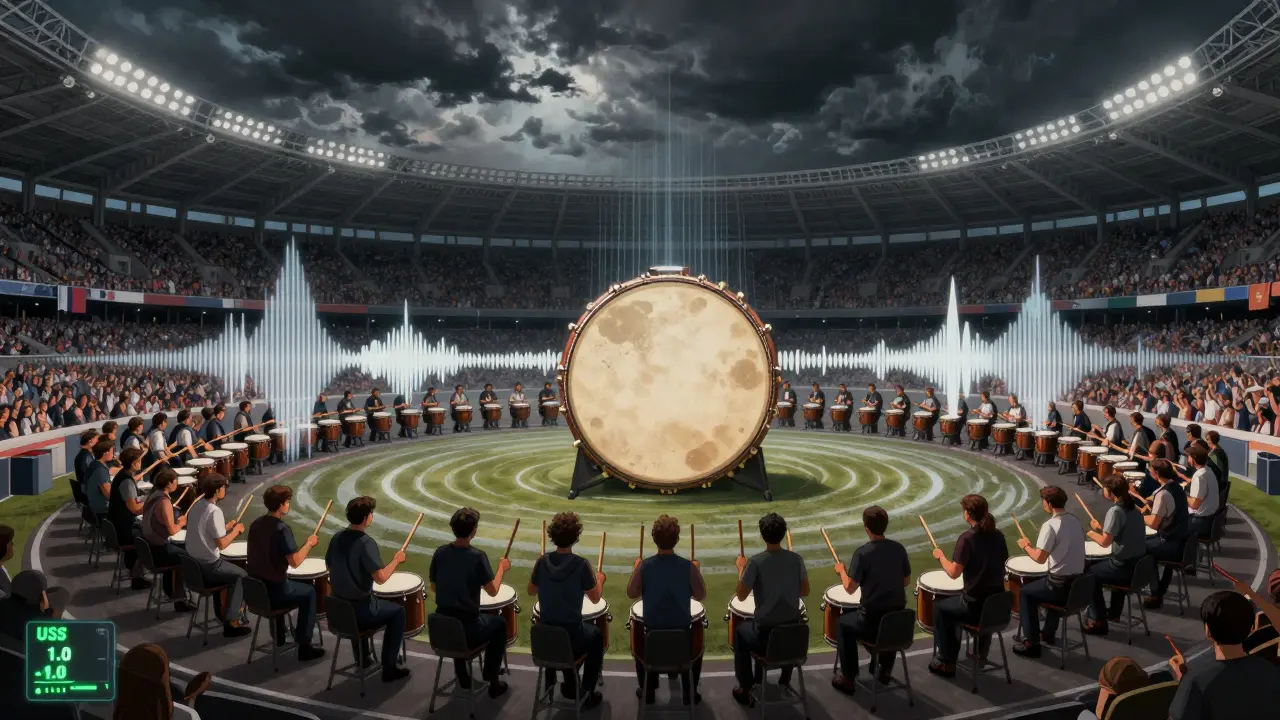 Stadium viewed as a drum, fans jumping in sync creating visible seismic waves radiating from the ground.