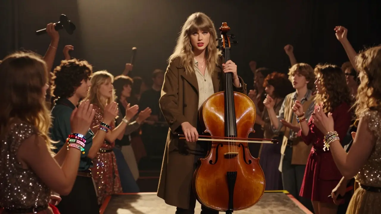 Taylor Swift and Phoebe Bridgers perform together on stage, cello in hand, as fans glow with emotion in the dimmed lights.