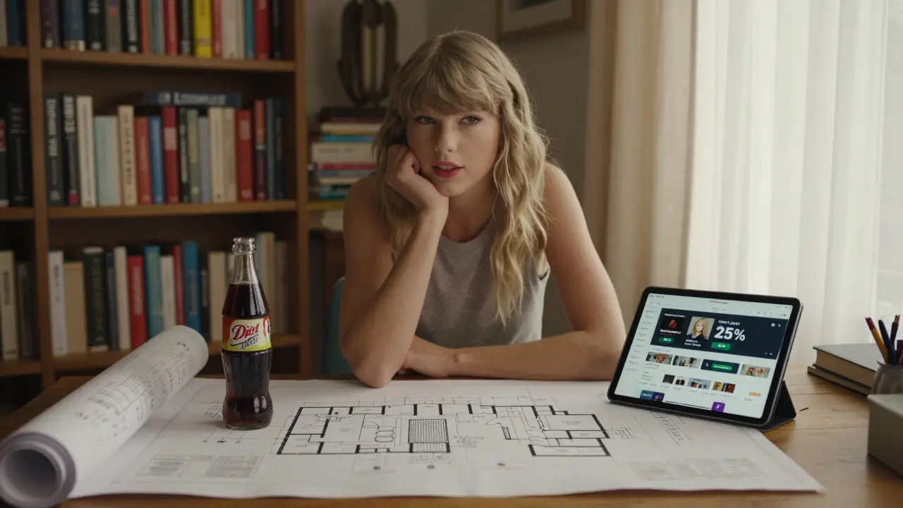 Taylor Swift in a study reviewing music royalties and real estate blueprints in soft morning light.