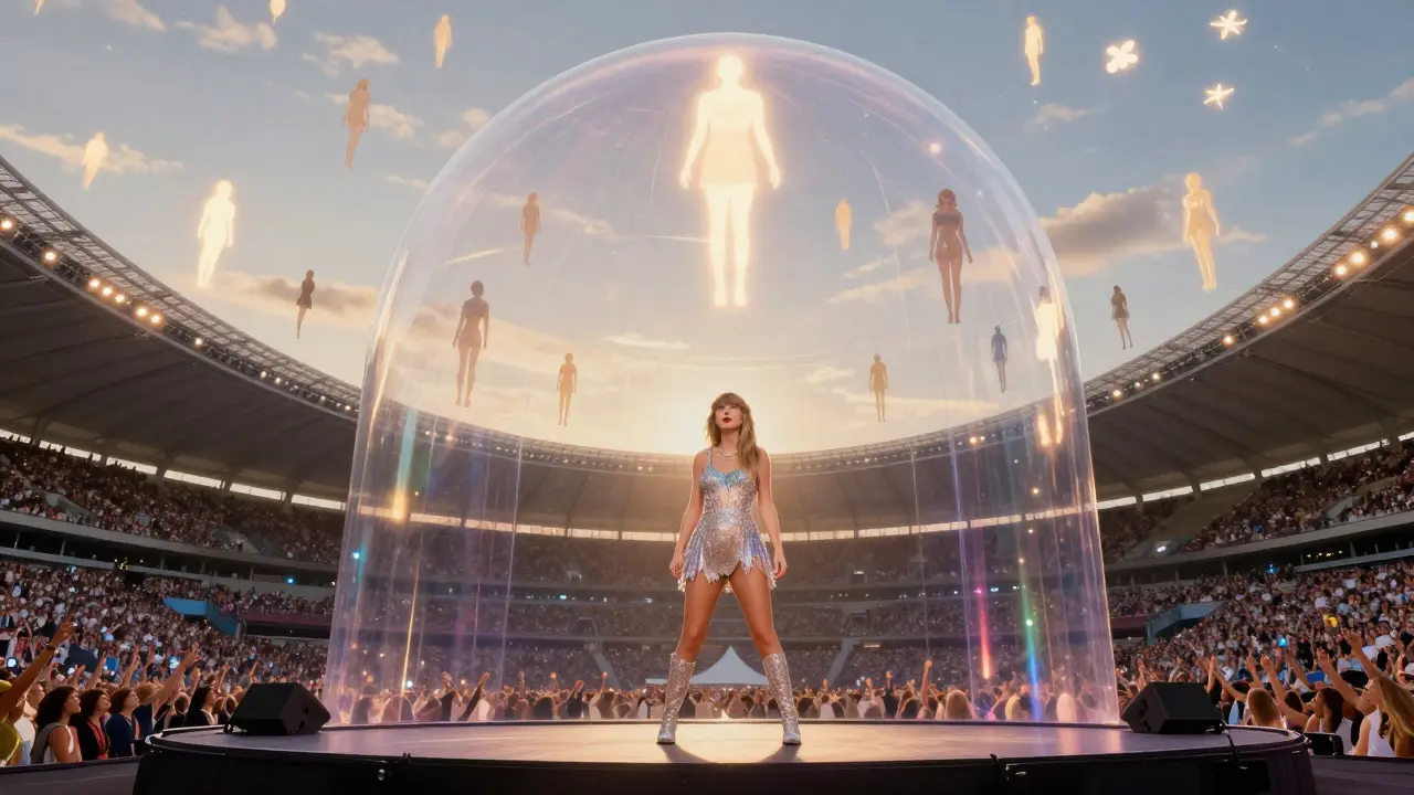Taylor Swift on stage looks up as thousands of glowing human silhouettes float above her, symbolizing the million fans outside who watched her concert for free.