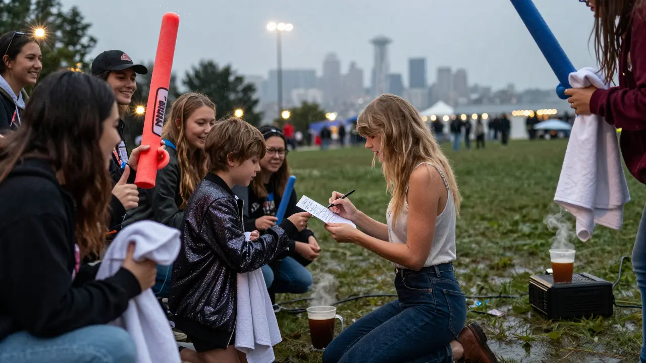 Taylor Swift signs a note for a young fan on the wet field after the concert, surrounded by smiling supporters.